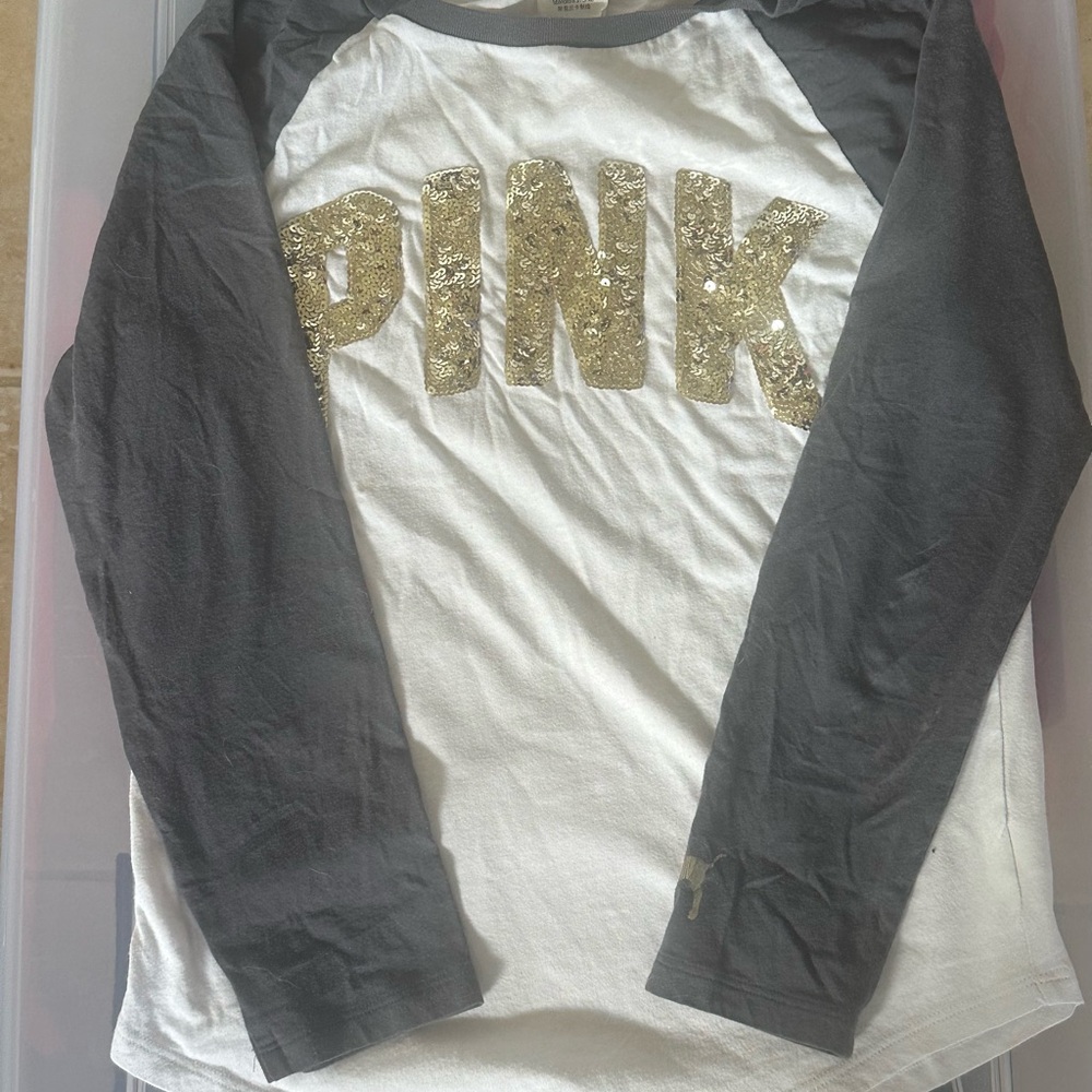 PINK (Victoria's Secret) Long Sleeve Shirt - White and Gray glitter!